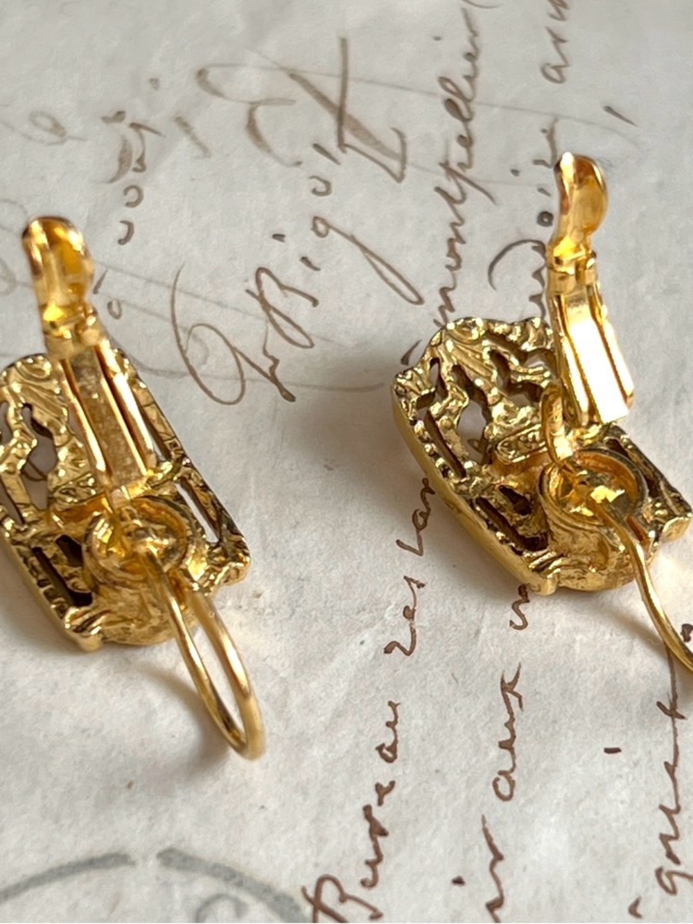 Vintage 1928 Gold-Tone Floral French Hook Earrings - Picture 2 of 7